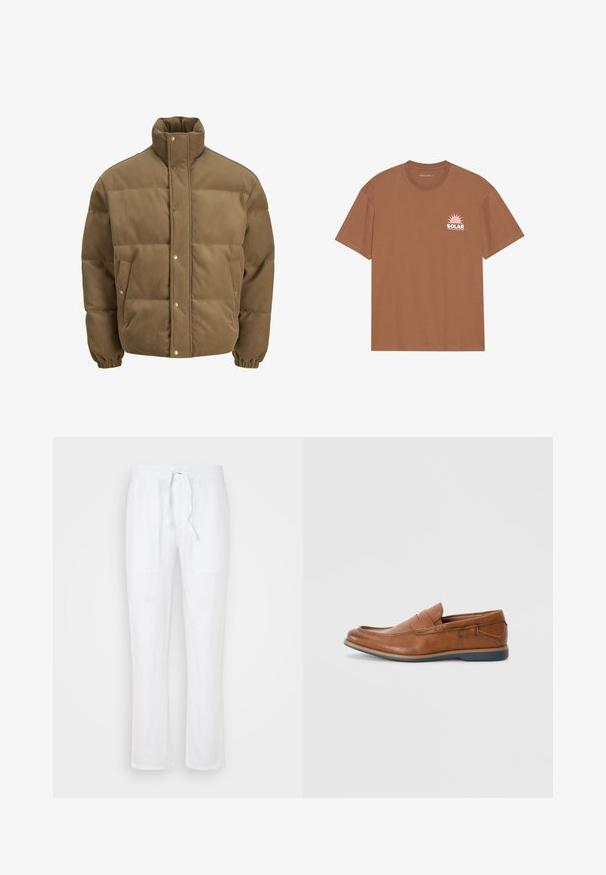 Rjav cordurojasti puhovnik z visokim ovratnikom, zaponkami na gumbe, elastičnimi manšetami in stranskimi žepi, prikazan na beli podlagi.; Bela kratka majica zavezana iz bombaža, ki ima na levem prsnem delu rožnato sončno grafiko in napis "SOLAR". Oblika s krožnim vratom.; Ecoalf PANTS MAN - Hlače - off white; Rjavi usnjeni loafers s okroglo konico, šivi na površini in nizkim gumijastim podplatom. Oblikovanje vključuje pas čez zgornji del.
