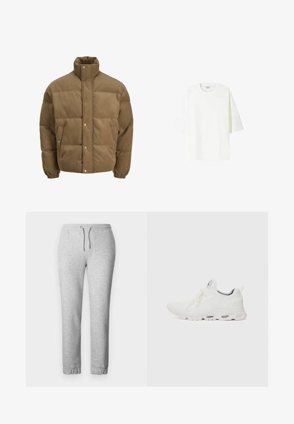 Brązowa puchowa kurtka z korduroy z wysokim kołnierzem, zatrzaskami, elastycznymi mankietami i bocznymi kieszeniami, wystawiona na białym tle.; Biała koszulka z krótkim rękawem wykonana z bawełny, z okrągłym dekoltem i luźnym krojem oraz prostym wykończeniem hemu.; Szare dresy wykonane z miękkiego materiału, z elastycznym pasem w talii z sznurkiem do regulacji, elastycznymi mankietami oraz gładką powierzchnią.; Białe buty sportowe z teksturowaną cholewką z dzianiny, płaskimi sznurowadłami oraz wyściełaną podeszwą z widocznymi komorami powietrznymi dla dodatkowego wsparcia.