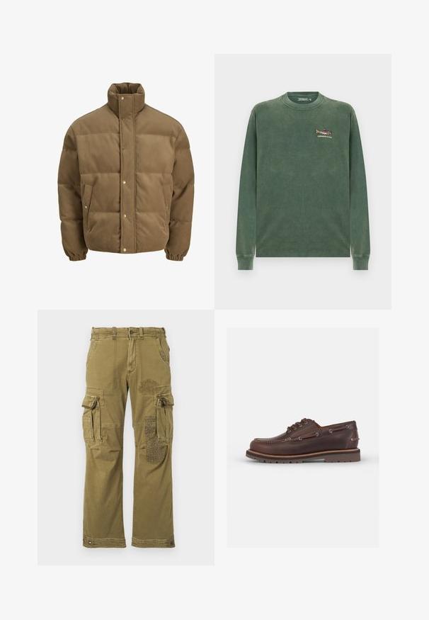 Hnědá kordurová péřová bunda s vysokým límcem, patkovými knoflíky, elastickými manžetami a bočními kapsami, vystavená na bílém pozadí.; Zelená dlouhá mikina s rukávy vyrobená z měkké bavlny. Obsahuje malý vyšívaný rybí design na levé oblasti hrudi. Klasický kulatý výstřih.; Košile s dlouhým rukávem v kostkovaném vzoru v purpurových a růžových tónech, s límcem na knoflíky a černými knoflíky, vyrobená z měkké tkaniny s hladkým povrchem.; Olivově zelené cargo kalhoty s mnoha kapsami, obsahující vzorovanou nášivku na pravé noze a zesílené švy. Pohodlný střih a textilie.; Hnědé kožené lodní boty s kulatou špičkou, šesti očky, kontrastním šitím a texturovanou gumovou podešví.