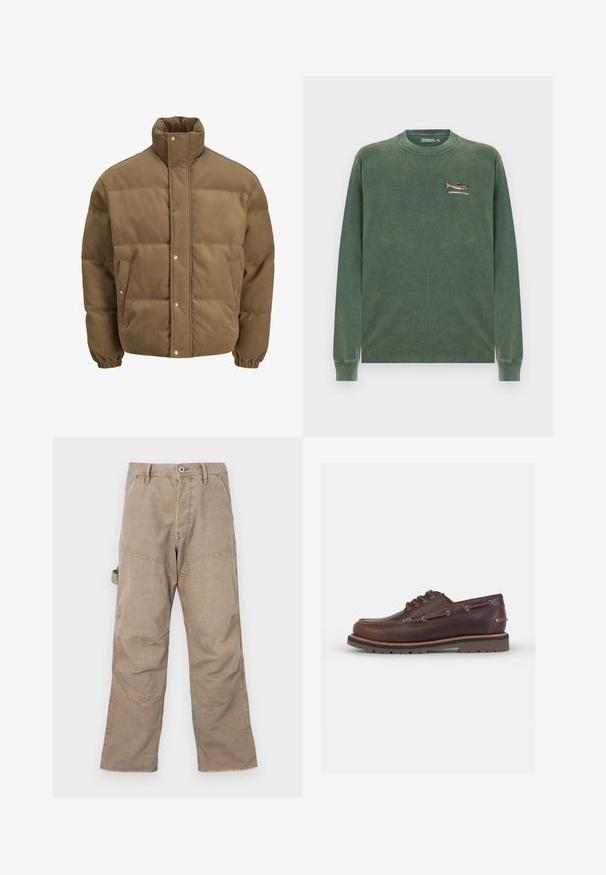 Veste matelassée en corduroy marron avec col haut, boutons pression, poignets élastiques et poches latérales, présentée sur un fond blanc.; Sweatshirt vert à manches longues en coton doux. Doté d'un petit motif de poisson brodé sur la partie gauche de la poitrine. Col rond classique.; Chemise à manches longues en tissu à carreaux dans des tons de violet et de rose, avec un col boutonné et des boutons noirs, fabriquée en tissu doux avec une texture lisse.; Pantalons cargo marron avec des coutures visibles, jambes larges et quatre poches. Fabriqués en tissu robuste, avec une légère texture et une fermeture à bouton.; Chaussure bateau en cuir marron avec un bout arrondi, six œillets, des coutures contrastées et une semelle en caoutchouc texturée.