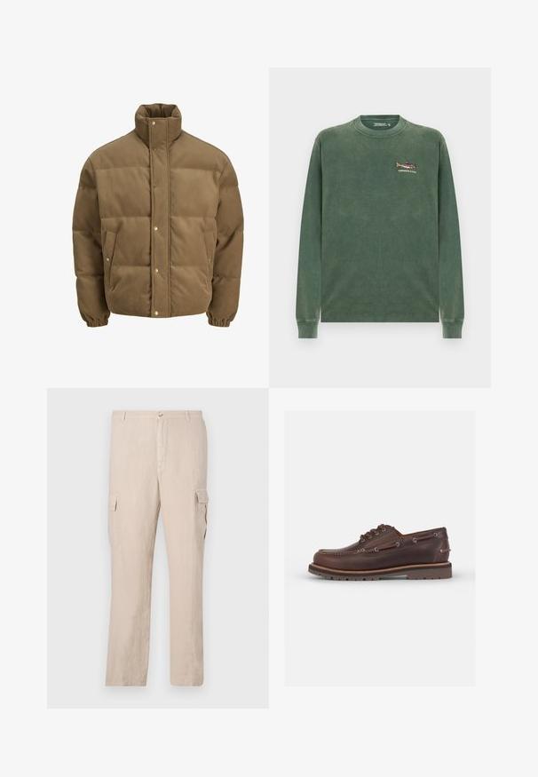 Brązowa puchowa kurtka z korduroy z wysokim kołnierzem, zatrzaskami, elastycznymi mankietami i bocznymi kieszeniami, wystawiona na białym tle.; Zielona, długosleeve'owa bluza wykonana z miękkiej bawełny. Posiada mały, haftowany wzór ryby na lewej stronie klatki piersiowej. Klasyczny okrągły dekolt.; Beżowe spodnie cargo wykonane z lnu, z dwoma bocznymi kieszeniami, zapięciem na guzik z przodu oraz prostym krojem nogawki o gładkiej fakturze.; Czarne skórzane buty żeglarskie z okrągłym noskiem, sześcioma oczkami, kontrastowym przeszyciem i teksturowaną gumową podeszwą.