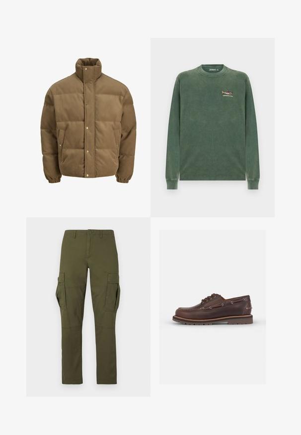 Hnědá kordurová péřová bunda s vysokým límcem, patkovými knoflíky, elastickými manžetami a bočními kapsami, vystavená na bílém pozadí.; Zelená dlouhá mikina s rukávy vyrobená z měkké bavlny. Obsahuje malý vyšívaný rybí design na levé oblasti hrudi. Klasický kulatý výstřih.; Zelené kalhoty na náklad s několika kapsami, včetně dvou velkých bočních kapes s klopou, zapínáním na knoflíky a poutky na pásek v pase.; Hnědé kožené lodní boty s kulatou špičkou, šesti očky, kontrastním šitím a texturovanou gumovou podešví.