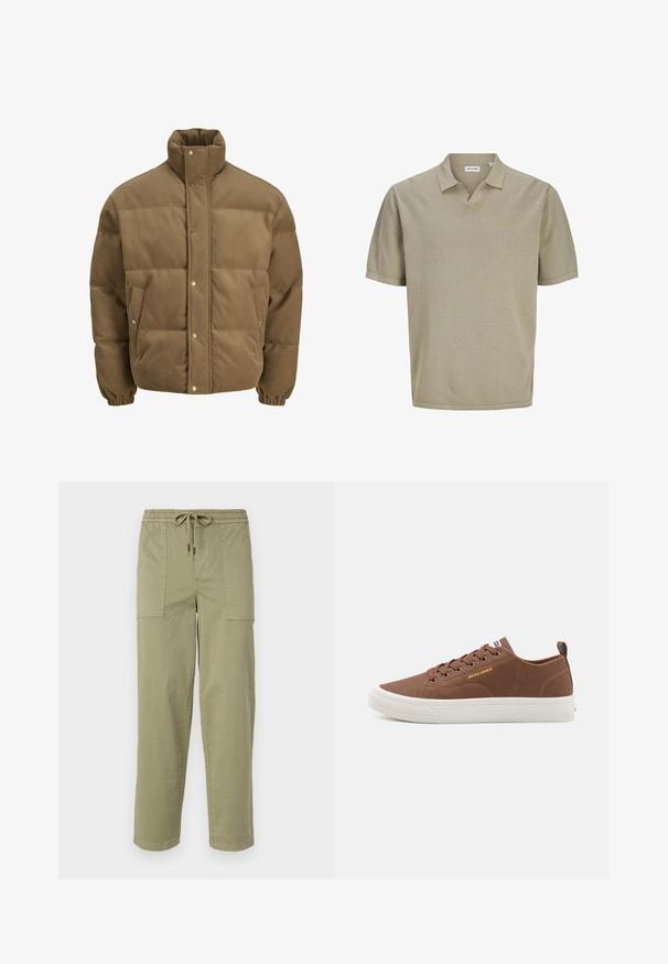 Giacca puffer in corduroy marrone con colletto alto, bottoni a pressione, polsini elasticizzati e tasche laterali, esposta su uno sfondo bianco.; Polo a maniche corte beige con finitura texturizzata, caratterizzato da un collo a V e un design a colletto piatto. Linee semplici e pulite, senza motivi visibili.; Pantaloni verde oliva chiaro realizzati in tessuto misto cotone, con una vita elasticizzata e cordoncino, e due ampie tasche laterali.; Jack & Jones JFWBAYSWATER - Sneakers basse - cognac