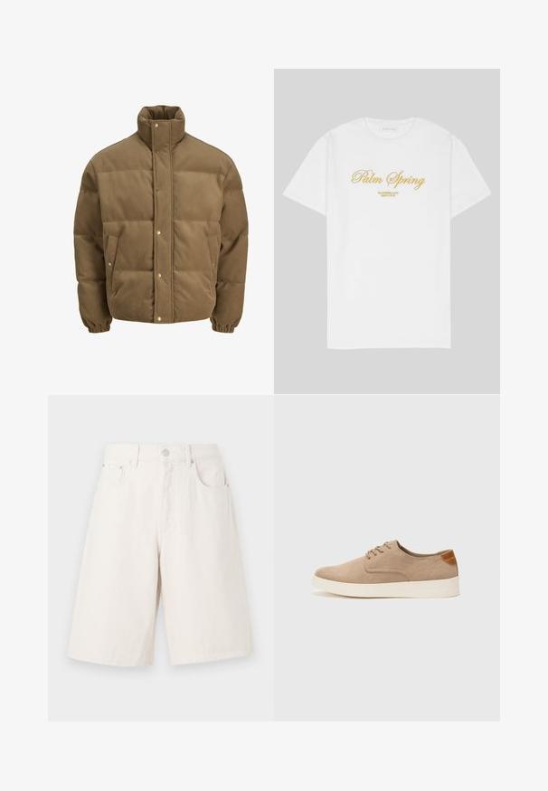 Brun kordfløyels pufferjakke med høy krage, trykknapper, elastiske mansjetter og sidelommer, vist på en hvit bakgrunn.; Hvit bomulls t-skjorte med gulltekst som sier "Palm Spring" med "California Love Eighty Five" under, avslappet passform, rund halsdesign.; Lys beige denimshorts med løs passform, med to frontlommer, glidelås og metallknapp.; Beige semskinnsko med rund tå, snøring foran og en teksturert bakre aksent. Hvit gummisåle gir kontrast. Enkelt og moderne design.