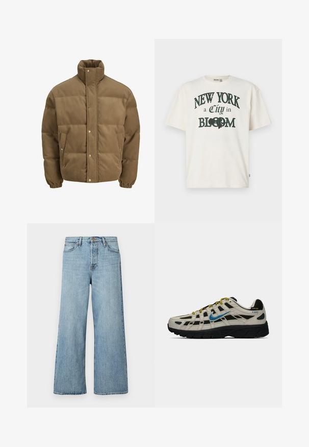 Smeđi puffer jakna od kordura s visokim ovratnikom, dugmadi na preklop, elastičnim manžetama i bočnim džepovima, prikazana na bijeloj pozadini.; Majica od pamučne tkanine u boji krem, s kratkim rukavima, s tiskanim dizajnom koji kaže "NEW YORK, grad u CVATU" u tamnozelenoj boji.; Svijetloplavi široki traperice izrađene od denima, s kopčanjem na dugme, suptilnim izbljeđivanjem i klasičnim dizajnom s pet džepova.; Bež i crne Nike P-6000 tenisice s plavim swooshom, žutim čipkastim vezicama, crnim đonom i Cordura tkaninom na peti.