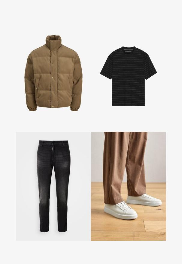 Rjav cordurojasti puhovnik z visokim ovratnikom, zaponkami na gumbe, elastičnimi manšetami in stranskimi žepi, prikazan na beli podlagi.; Črna majica s kratkimi rokavi, ki ima tanke bele vodoravne črte. Narejena je iz mehke tkanine, ima okroglo ovratnico in sproščen kroj.; Črne jeans hlače s ravnim krojem, z gumbom za zapiranje, petimi žepi in subtilno bledenjem v teksturi tkanine.; Oseba v belih strukturiranih nizkih supergah in ohlapnih rjavih hlačah stoji na svetlem lesu.