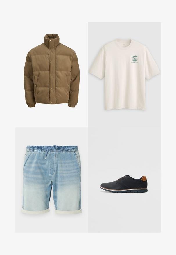 Brun kordfløyels pufferjakke med høy krage, trykknapper, elastiske mansjetter og sidelommer, vist på en hvit bakgrunn.; Hvit bomulls-T-skjorte med korte ermer, med en grønn Lev's-logo og tekst på venstre bryst. Avslappet passform, glatt tekstur.; Lyseblå denimshorts med elastisk midje, snor-lukking, sidelommer og oppbrettede hemser. Glatt tekstur.; Sorte syntetiske sko med en teksturert overdel, glatte detaljer, brun hæl og en kontrastfarge på sålen. Har minimalt snøring og sømdetaljer.