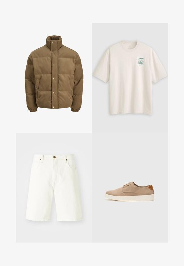 Brun kordfløyels pufferjakke med høy krage, trykknapper, elastiske mansjetter og sidelommer, vist på en hvit bakgrunn.; Hvit bomulls-T-skjorte med korte ermer, med en grønn Lev's-logo og tekst på venstre bryst. Avslappet passform, glatt tekstur.; Hvite denimshorts med rett snitt, klassisk femlommersdesign og lukking med kobberknapp. Glatt tekstur og oppbrettede kanter.; Beige semskinnsko med rund tå, snøring foran og en teksturert bakre aksent. Hvit gummisåle gir kontrast. Enkelt og moderne design.
