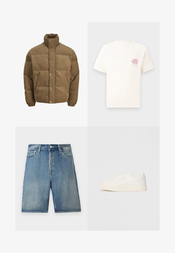 Brūns korduroja pufersjakas ar augstu apkakli, spiedpogu aizdari, elastīgām aprocēm un sānu kabatām, izstādīta uz baltā fona.; Balts īsām piedurknēm T-krekls ar sarkanu tekstu "Studio Originals Edition" uz kreisā krūšu, pakārtots neitrālā pelēkā fonā.; Gaišā zila džinsu šorti ar klassisku piecu kabatu dizainu, pogu aizdari, taisnu griezumu un nedaudz izbalējušu apdari.; Baltas slip-on sporta apavi ar teksturētu virsmu, biezu zoli un minimālistisku dizainu. Sānos redzams zīmola logotips.