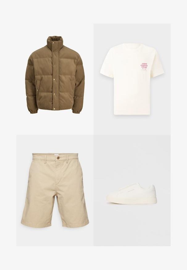 Bruine ribfluwelen pufferjack met hoge kraag, drukknoopsluiting, elastische manchetten en zijzakken, weergegeven op een witte achtergrond.; Witte T-shirt met korte mouwen met rode tekst "Studio Originals Edition" op de linker borst, weergegeven op een neutrale grijze achtergrond.; GAP ESSENTIAL SHORT - Shorts - iconic khaki; Witte instap sneakers met een gestructureerd oppervlak, een dikke zool en een minimalistisch ontwerp. Bevat het merklogo aan de zijkant.