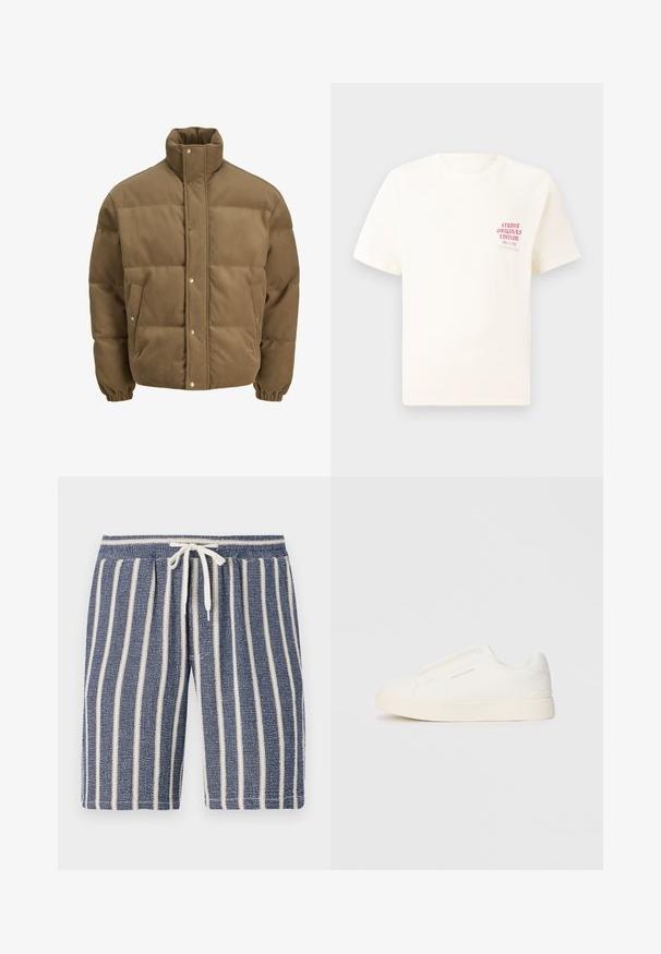 Veste matelassée en corduroy marron avec col haut, boutons pression, poignets élastiques et poches latérales, présentée sur un fond blanc.; T-shirt blanc à manches courtes avec le texte rouge "Édition Originals du Studio" sur la poitrine gauche, présenté sur un fond gris neutre.; Shorts texturés bleu marine avec des rayures verticales blanches, taille élastique et détail à cordon de serrage. Design décontracté adapté aux temps chauds.; Baskets blanches sans lacets avec une surface texturée, une semelle épaisse et un design minimaliste. Présente le logo de la marque sur le côté.