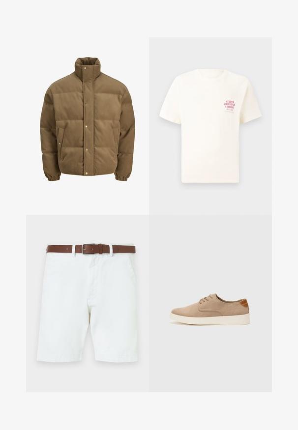Braune Cord-Puffjacke mit hohem Kragen, Druckknöpfen, elastischen Bündchen und Seitentaschen, auf einem weißen Hintergrund präsentiert.; Weißes T-Shirt mit kurzen Ärmeln und rotem Text "Studio Originals Edition" auf der linken Brust, präsentiert vor einem neutralen grauen Hintergrund.; Weiße Baumwollshorts mit einem braunen Ledergürtel mit einer silbernen Schnalle. Druckknopf- und Reißverschlussverschluss, Seitentaschen und gesäumte Säume.; Beige Wildleder-Sneaker mit runder Zehenpartie, Schnürung und strukturiertem Rückenteil. Die weiße Gummisohle sorgt für einen Kontrast. Einfaches und modernes Design.