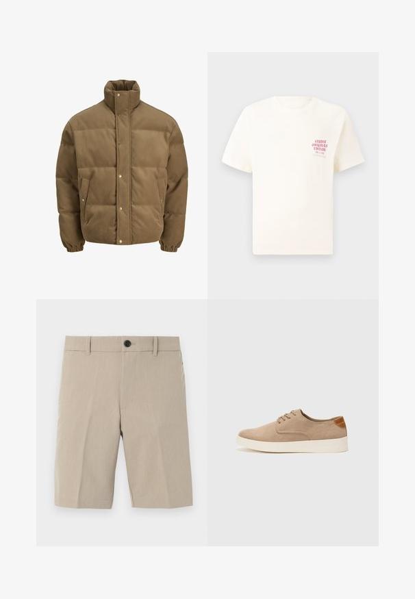 Giacca puffer in corduroy marrone con colletto alto, bottoni a pressione, polsini elasticizzati e tasche laterali, esposta su uno sfondo bianco.; T-shirt bianco a maniche corte con testo rosso "Studio Originals Edition" sul lato sinistro del petto, esposto su uno sfondo grigio neutro.; Pantaloni beige con frontale piatto, leggera trama, chiusura a un bottone, passanti per cintura e due tasche laterali. Vestibilità su misura con lunghezza fino al ginocchio.; Sneaker in suede beige con punta arrotondata, stringhe davanti e un accento testurizzato sul retro. La suola in gomma bianca offre un contrasto. Design semplice e moderno.