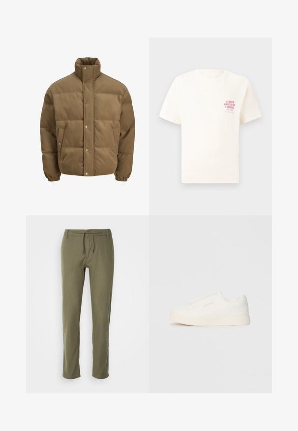 Braune Cord-Puffjacke mit hohem Kragen, Druckknöpfen, elastischen Bündchen und Seitentaschen, auf einem weißen Hintergrund präsentiert.; Weißes T-Shirt mit kurzen Ärmeln und rotem Text "Studio Originals Edition" auf der linken Brust, präsentiert vor einem neutralen grauen Hintergrund.; Olivegrüne, leichte Hose mit geradem Schnitt, verstellbarem Kordelzugbund und subtil strukturierter Stoff. Keine sichtbaren Taschen.; Weiße Slip-On-Sneaker mit einer strukturierten Oberfläche, dicker Sohle und minimalistischem Design. Mit Logo der Marke an der Seite.