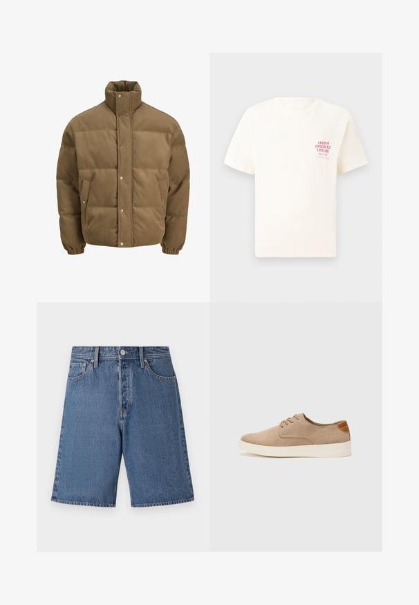 Brūns korduroja pufersjakas ar augstu apkakli, spiedpogu aizdari, elastīgām aprocēm un sānu kabatām, izstādīta uz baltā fona.; Balts īsām piedurknēm T-krekls ar sarkanu tekstu "Studio Originals Edition" uz kreisā krūšu, pakārtots neitrālā pelēkā fonā.; Gaiši zili džinsa šorti ar nodilušu tekstūru, piecu kabatu dizains un pogas aizdare jostasvietā.; Beige zamšādas kedas ar noapaļotu purngala daļu, auklēm saplacinātu priekšpusi un teksturētu aizmugures akcentu. Balta gumijas zole nodrošina kontrastu. Vienkāršs un mūsdienīgs dizains.