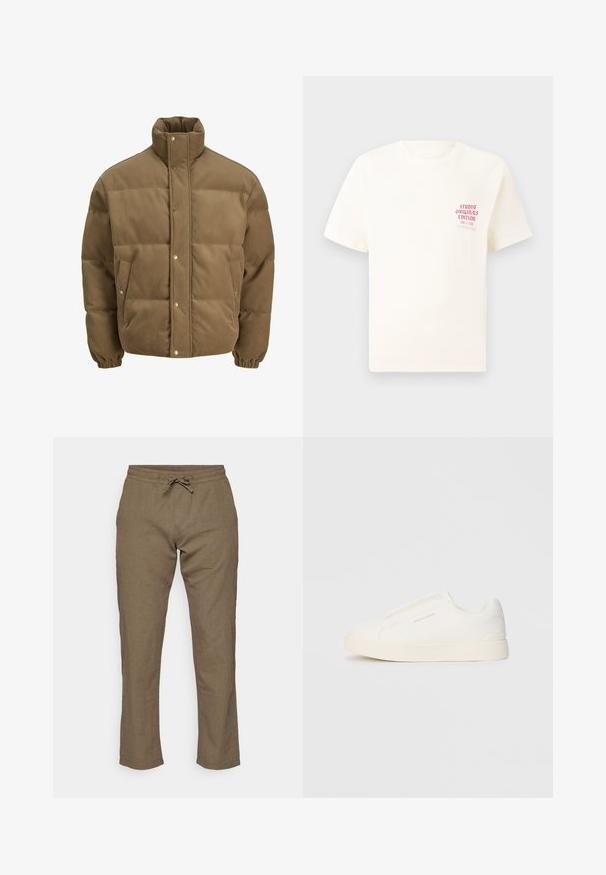 Veste matelassée en corduroy marron avec col haut, boutons pression, poignets élastiques et poches latérales, présentée sur un fond blanc.; T-shirt blanc à manches courtes avec le texte rouge "Édition Originals du Studio" sur la poitrine gauche, présenté sur un fond gris neutre.; Jack & Jones JPSTKANE SUMMER JOGGER - Pantalon classique - dusty olive; Baskets blanches sans lacets avec une surface texturée, une semelle épaisse et un design minimaliste. Présente le logo de la marque sur le côté.