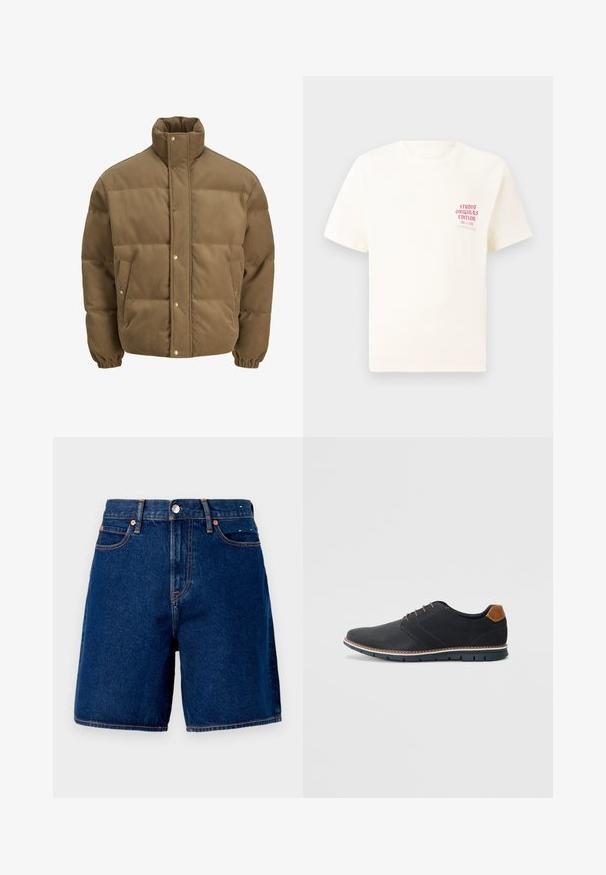 Casaco puffer de veludo cotelê castanho com colarinho alto, botões de pressão, punhos elásticos e bolsos laterais, exibido sobre um fundo branco.; T-shirt branca de mangas curtas com o texto vermelho "Edição Originais do Estúdio" no lado esquerdo do peito, apresentada sobre um fundo cinza neutro.; Calções de ganga azul-escura com cintura média, cinco bolsos, acessórios em cobre e detalhes de costura em laranja contrastante.; Sapatos sintéticos pretos com um upper texturizado, pormenores lisos, salto castanho e uma sola contrastante. Apresentam um sistema de atacadores mínimo e detalhes de costura.