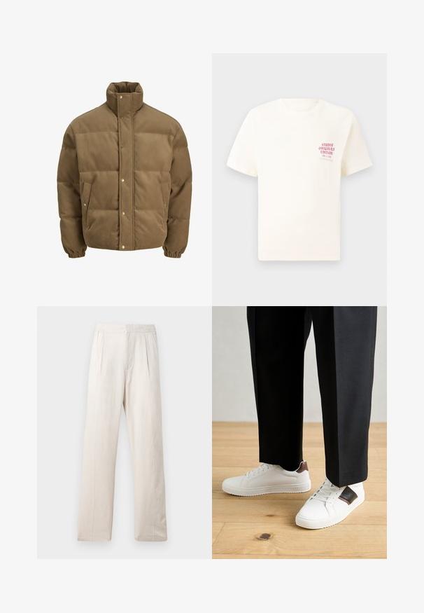 Brązowa puchowa kurtka z korduroy z wysokim kołnierzem, zatrzaskami, elastycznymi mankietami i bocznymi kieszeniami, wystawiona na białym tle.; Biała koszulka z krótkim rękawem z czerwonym napisem "Studio Originals Edition" po lewej stronie klatki piersiowej, wyeksponowana na neutralnym szarym tle.; Jasno beżowe spodnie o szerokich nogawkach wykonane z teksturowanej tkaniny, z elastycznym paskiem w talii i dwoma fałdami z przodu dla dodatkowego efektu.; Białe trampki o gładkiej fakturze, z brązowymi skórzanymi akcentami i czarnymi detalami, zestawione z czarnymi eleganckimi spodniami. Tło stanowi drewniana podłoga.