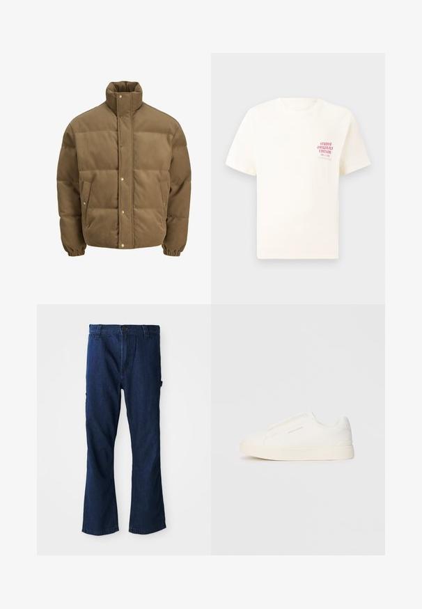 Brun manchesterpuffjacka med hög krage, tryckknappar, elastiska manschetter och sidofickor, visas mot en vit bakgrund.; Vit kortärmad T-shirt med röd text "Studio Originals Edition" på vänster bröst, är uppställd på en neutral grå bakgrund.; Blå denimjeans med rak benpassform, knappstängning och två sidofickor med en lätt blekning i texturen.; Vita slip-on sneakers med en texturerad yta, en tjock sula och minimalistisk design. Har varumärkeslogotypen på sidan.