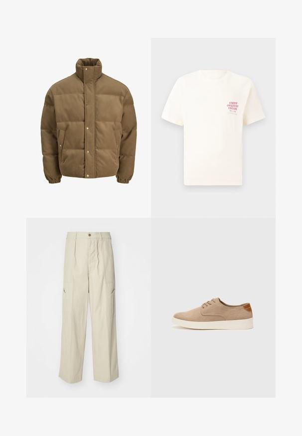 Ruskea corduroy-pufferttake, jossa on korkea kaulus, nepparit, elastiset hihansuut ja sivutaskut, esillä valkoista taustaa vasten.; Valkoinen lyhythihainen t-paita, jossa on punainen teksti "Studio Originals Edition" vasemmalla rinnalla, esitetty neutraalilla harmaalla taustalla.; Beige cargo-housut, joissa on väljä istuvuus, kaksi etutaskua ja hieman teksturoitu kangas. Varustettu nappisuljennalla ja leveillä lahkeilla.; Beige nubuck-lenkkarit, joissa on pyöreä kärki, nauhakiinnitys ja teksturoitu takaosa. Valkoinen kumipohja tuo kontrastia. Yksinkertainen ja moderni muotoilu.