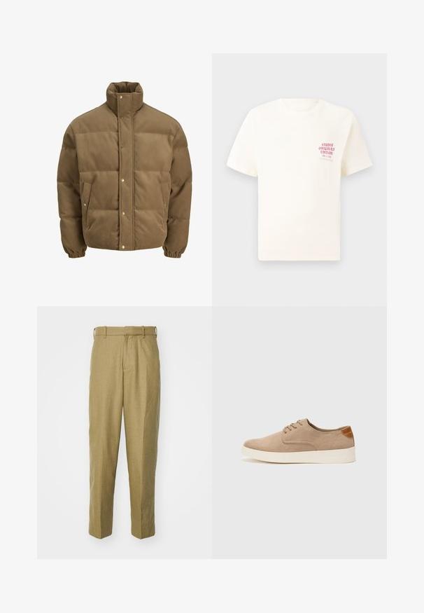 Smeđi puffer jakna od kordura s visokim ovratnikom, dugmadi na preklop, elastičnim manžetama i bočnim džepovima, prikazana na bijeloj pozadini.; Bijela kratka majica s kratkim rukavima s crvenim natpisom "Studio Originals Edition" na lijevoj strani grudi, prikazana na neutralnoj sivoj pozadini.; Bež hlače od teksturiranog materijala, s dizajnom ravnih nogavica, remenima i prednjim plisiranim detaljima.; Bež nubuk tenisice s okruglim vrhom, vezanjem sprijeda i teksturiranim stražnjim naglaskom. Bijela gumena potpetica pruža kontrast. Jednostavan i moderan dizajn.