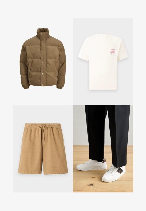 Brun kordfløyels pufferjakke med høy krage, trykknapper, elastiske mansjetter og sidelommer, vist på en hvit bakgrunn.; Hvit T-skjorte med korte ermer og rød tekst "Studio Originals Edition" på venstre bryst, vist på en nøytral grå bakgrunn.; Brune kordfløyelsshorts med elastisk linning og snøring. Har vertikale ribber og sidelommer. Korte og uformelle.; Hvite sneakers med glatt tekstur, med brune skinnakenter og svart detaljer, parret med svarte skreddersydde bukser. Bakgrunn med tregulv.