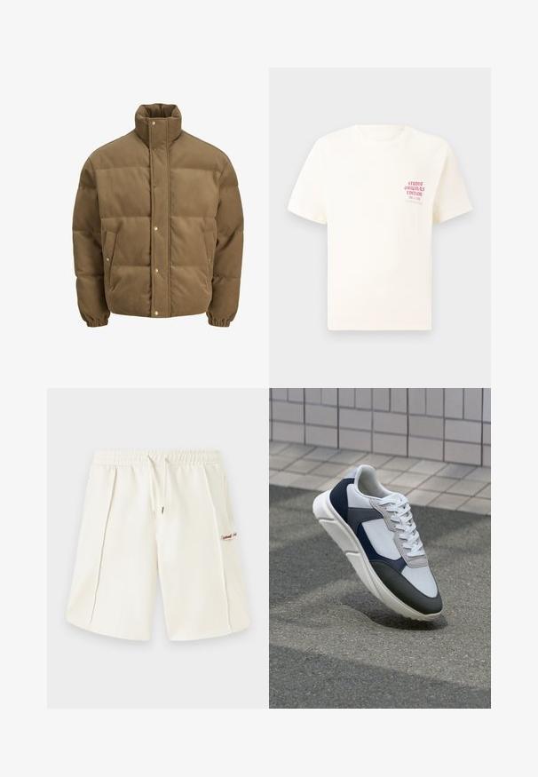 Pruunist kootud puffer-jope kõrge kraega, nööbid, elastsed mansetid ja küljetaskud, esitatud valgel taustal.; Valge lühikeste varrukatega T-särk, millel on vasakul rinnal punane tekst "Studio Originals Edition", esitatud neutraalsel hallil taustal.; Kreemikaalused lühikesed püksid, mis on valmistatud pehmest kangast, koos elastse vöökohaga, paelaga, küljetaskutega ja väikese punase logo detailiga küljes.; Valge, mereväe sinine ja hall spordijalats, millel on segatud materjalide disain, tekstureeritud ülemine osa, lame pael ja pehme talla.