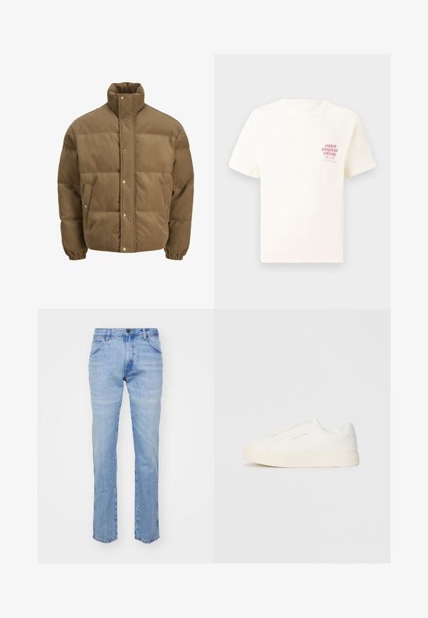 Giacca puffer in corduroy marrone con colletto alto, bottoni a pressione, polsini elasticizzati e tasche laterali, esposta su uno sfondo bianco.; T-shirt bianco a maniche corte con testo rosso "Studio Originals Edition" sul lato sinistro del petto, esposto su uno sfondo grigio neutro.; Jeans in denim azzurro chiaro con taglio dritto, cinque tasche e chiusura con bottone in metallo. Presentano cuciture lungo le cuciture e gli orli.; Sneakers bianchi slip-on con superficie texturizzata, suola spessa e design minimalista. Presentano il logo del marchio sul lato.