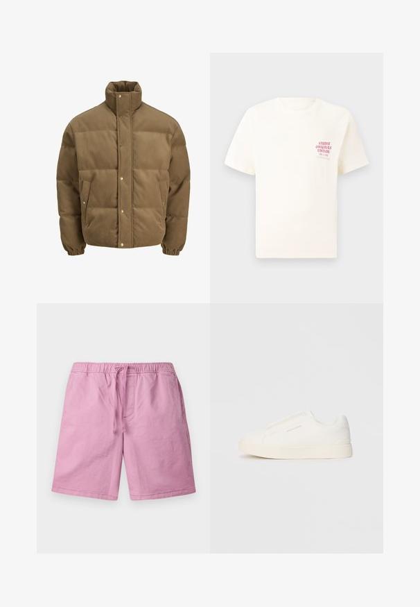 Rudos spalvos švarkas su raišteliu, turintis aukštą apykaklę, užsegamus mygtukais, elastines rankoves ir šonines kišenes, eksponuojamas ant balto fono.; Balta trumpa rankovėmis marškinėliai su raudonu užrašu "Studio Originals Edition" kairiajame krūtinės šone, rodomi neutralioje pilkoje aplinkoje.; Šviesiai rožiniai šortai, pagaminti iš minkštos medžiagos, su elastingu juosmeniu ir raišteliu, taip pat šoninėmis kišenėmis. tiesios, be raštų.; Baltos slip-on sportbačiai su tekstūruota paviršiumi, storesniu padu ir minimalistišku dizainu. Šone matosi prekės ženklo logotipas.