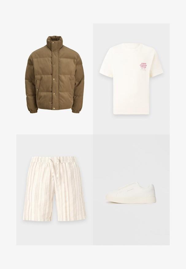 Veste matelassée en corduroy marron avec col haut, boutons pression, poignets élastiques et poches latérales, présentée sur un fond blanc.; T-shirt blanc à manches courtes avec le texte rouge "Édition Originals du Studio" sur la poitrine gauche, présenté sur un fond gris neutre.; Shorts beige clair avec des rayures verticales de nuances variées. Équipés d'une taille élastique et d'un cordon de serrage pour un ajustement. Tissu doux et texturé.; Baskets blanches sans lacets avec une surface texturée, une semelle épaisse et un design minimaliste. Présente le logo de la marque sur le côté.