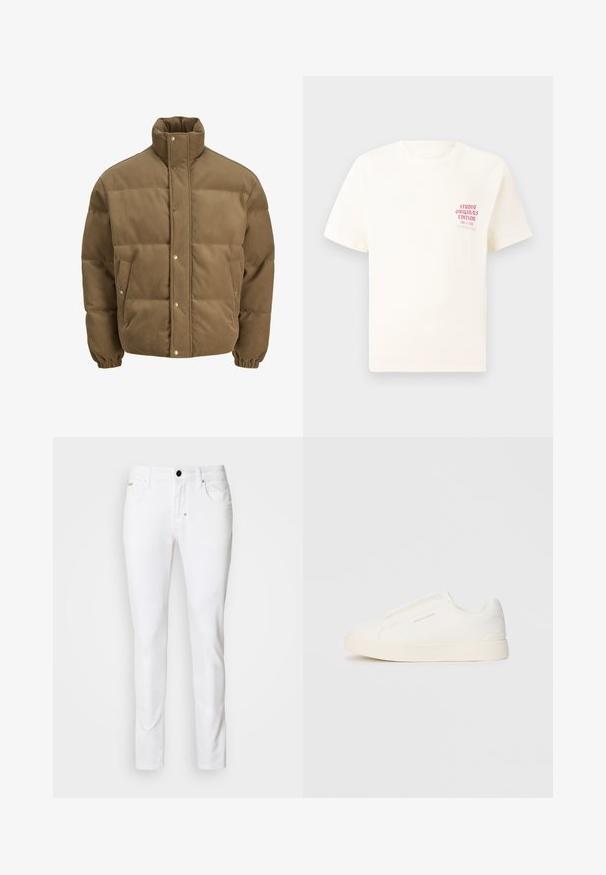Smeđi puffer jakna od kordura s visokim ovratnikom, dugmadi na preklop, elastičnim manžetama i bočnim džepovima, prikazana na bijeloj pozadini.; Bijela kratka majica s kratkim rukavima s crvenim natpisom "Studio Originals Edition" na lijevoj strani grudi, prikazana na neutralnoj sivoj pozadini.; Bijele traperice s ravnim nogavicama, klasičnim pet džepovima, metalnim kopčanjem i suptilnim detaljima šavova.; Bijele slip-on tenisice s teksturiranom površinom, debelim đonom i minimalističkim dizajnom. Sadrže logo branda sa strane.