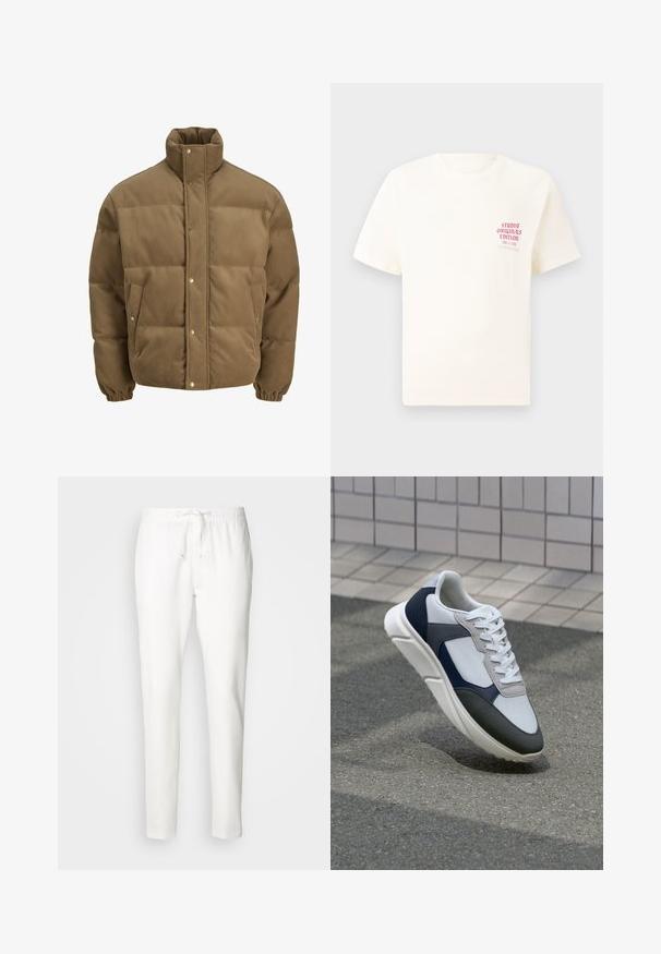 Brun kordfløyels pufferjakke med høy krage, trykknapper, elastiske mansjetter og sidelommer, vist på en hvit bakgrunn.; Hvit T-skjorte med korte ermer og rød tekst "Studio Originals Edition" på venstre bryst, vist på en nøytral grå bakgrunn.; INDICODE JEANS Bukse - offwhite; Hvitt, marineblått og grått sportsko med en blandet materialdesign, som har en teksturert overdel, flate snørebånd og en polstret såle.