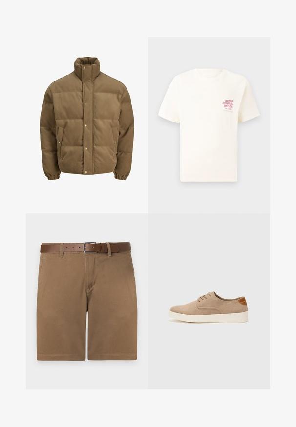 Rjav cordurojasti puhovnik z visokim ovratnikom, zaponkami na gumbe, elastičnimi manšetami in stranskimi žepi, prikazan na beli podlagi.; Bela majica s kratkimi rokavi z rdečim napisom "Studio Originals Edition" na levi strani prsnega koša, prikazana na nevtralnem sivo backgroundu.; Rjave bombažne kratke hlače z teksturirano površino, ki vključujejo rjav usnjen pas s srebrom obarvanim zaponko in klasičnim ravnim krojem.; Bež tkanine usnjene superge z zaobljenim nosom, vezalkami na sprednji strani in teksturiranim zadnjim detajlom. Belo gumijasto podplato zagotavlja kontrast. Enostaven in sodoben dizajn.