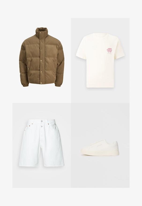 Ruskea corduroy-pufferttake, jossa on korkea kaulus, nepparit, elastiset hihansuut ja sivutaskut, esillä valkoista taustaa vasten.; Valkoinen lyhythihainen t-paita, jossa on punainen teksti "Studio Originals Edition" vasemmalla rinnalla, esitetty neutraalilla harmaalla taustalla.; Valkoiset denimpituiset shortsit korkealla vyötäröllä, joissa on nappisuljenta, viisi taskua ja kuparinväriset yksityiskohdat. Sujuva, tekstuuri kangas.; Valkoiset liukusukat, joissa on teksturoitu pinta, paksu pohja ja minimalistikot. Sivulla on brändin logo.