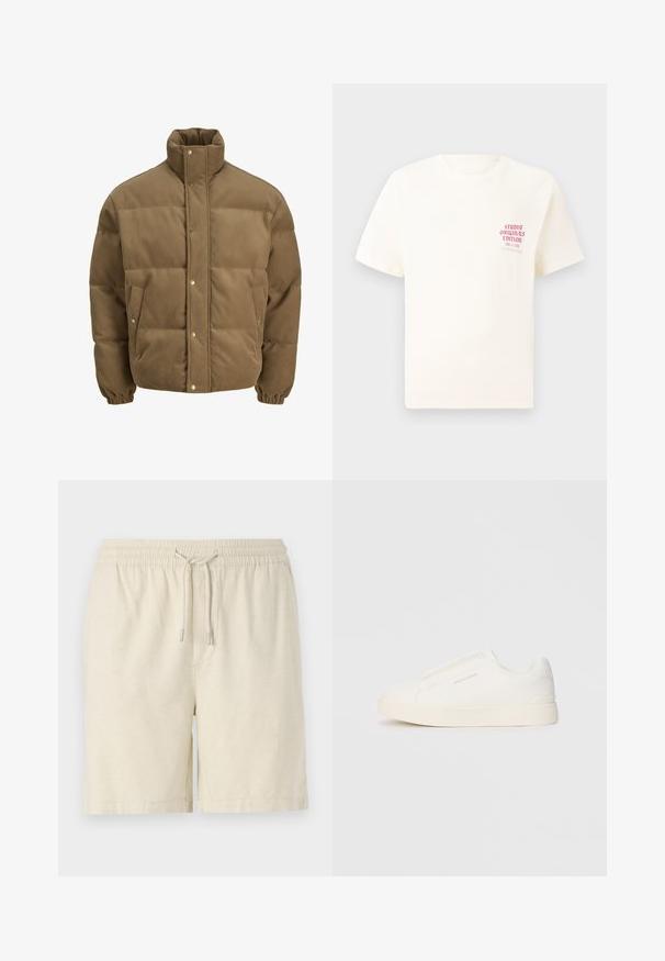 Casaco puffer de veludo cotelê castanho com colarinho alto, botões de pressão, punhos elásticos e bolsos laterais, exibido sobre um fundo branco.; T-shirt branca de mangas curtas com o texto vermelho "Edição Originais do Estúdio" no lado esquerdo do peito, apresentada sobre um fundo cinza neutro.; Calções de um bege claro feitos de um tecido texturizado. Possui um cós elástico com cordão e bolsos laterais. Corte clássico e design casual.; Sapatilhas brancas de atacar com uma superfície texturizada, sola grossa e design minimalista. Possui o logo da marca na lateral.