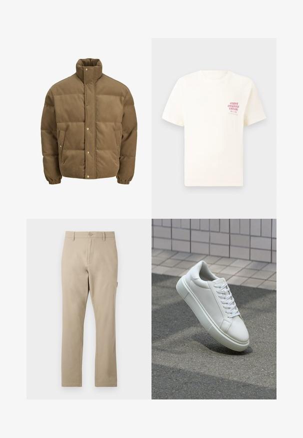 Rudos spalvos švarkas su raišteliu, turintis aukštą apykaklę, užsegamus mygtukais, elastines rankoves ir šonines kišenes, eksponuojamas ant balto fono.; Balta trumpa rankovėmis marškinėliai su raudonu užrašu "Studio Originals Edition" kairiajame krūtinės šone, rodomi neutralioje pilkoje aplinkoje.; Bežiniai medvilniniai kelnių su tiesiomis kojomis, su priekyje esančiu mygtuko uždarymu ir subtiliais siuvinėjimo akcentais. Lygus paviršius, be raštų.; Balti odiniai sportbačiai su lygiu paviršiumi, apvalia nosimi ir plokščiomis baltomis raištelėmis. Yra tekstūruotas gumos padas ir minimalizmas dizaino elementuose.