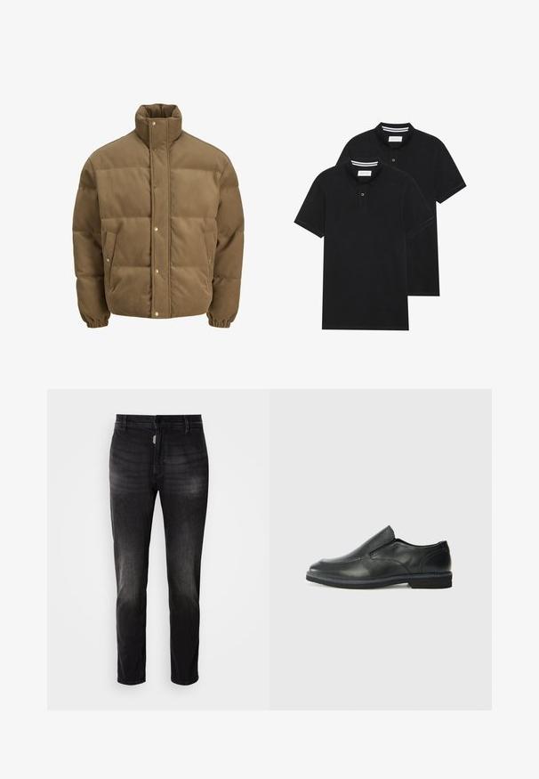 Rudos spalvos švarkas su raišteliu, turintis aukštą apykaklę, užsegamus mygtukais, elastines rankoves ir šonines kišenes, eksponuojamas ant balto fono.; Du žaidimų juodos polo marškiniai, trumpomis rankovėmis, pagaminti iš medvilnės, su klasikinėmis apykaklėmis, dviem mygtukais priekyje ir baltais dryžiais apykaklės viduje.; Juodos džinsinės kelnes su tiesiu kirpimu, su mygtukų uždarymu, penkiomis kišenėmis ir subtiliu audinio faktūros blukimu.; Juodai odiniai įtvirtinimo batai su lygiu paviršiumi, siuvinėjimo akcentais, apvalia nosimi ir žemu guminiu kulnu. Pado raštas minimalus.