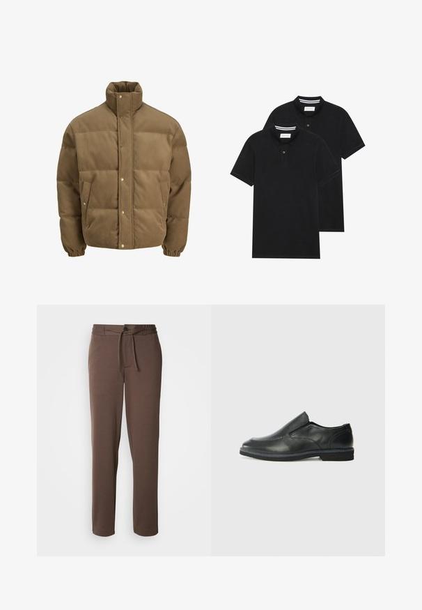 Rjav cordurojasti puhovnik z visokim ovratnikom, zaponkami na gumbe, elastičnimi manšetami in stranskimi žepi, prikazan na beli podlagi.; Dve črne polo majice, kratke rokave, iz bombažnega materiala, z klasik ovratnikom, dvobodno zaponko in belimi črtkami znotraj ovratnika.; Rjave trenirke iz mehkega materiala, z vrvico za prilagajanje pasu, gumbom za zapiranje in ravnimi nogavicami brez vidnih vzorcev ali poudarkov.; Črne usnjene natikače z gladkim zgornjim delom, prišitimi detajli, zaobljenim nosom in nizkim gumijastim petkom. Podplat ima minimalen profil.