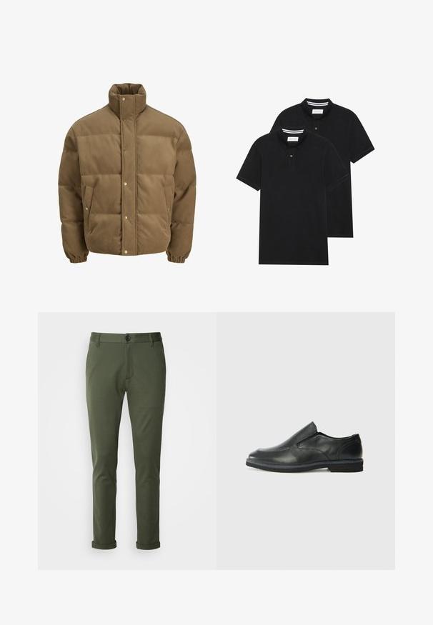 Casaco puffer de veludo cotelê castanho com colarinho alto, botões de pressão, punhos elásticos e bolsos laterais, exibido sobre um fundo branco.; Duas camisetas polo pretas, de manga curta, em material de algodão, com colarinho clássico, abertura com dois botões e detalhes em riscas brancas no interior do colarinho.; Calças slim fit verde oliva, feitas de tecido suave, com fecho de botão, bolsos clássicos e bainhas dobradas nos tornozelos.; Sapato slip-on preto em pele com um upper liso, acabamentos cosidos, bico arredondado e um salto de borracha baixo. A sola apresenta um padrão de aderência mínimo.