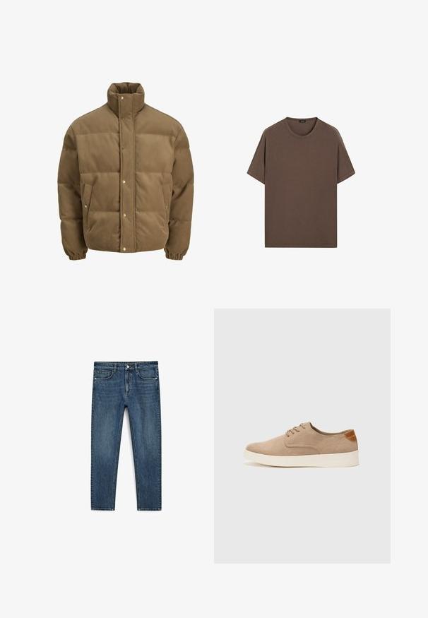 Braune Cord-Puffjacke mit hohem Kragen, Druckknöpfen, elastischen Bündchen und Seitentaschen, auf einem weißen Hintergrund präsentiert.; Braunes Baumwoll-T-Shirt mit Rundhalsausschnitt und kurzen Ärmeln. Einfaches Design mit gleichmäßiger Textur und lockerer Passform. Keine Muster oder Akzente.; Blaue Jeans aus Denim mit geradem Bein, ausgestattet mit Vordertaschen und einem Reißverschluss. Der Stoff hat eine mittlere Waschung mit subtiler Verblassung.; Beige Wildleder-Sneaker mit runder Zehenpartie, Schnürung und strukturiertem Rückenteil. Die weiße Gummisohle sorgt für einen Kontrast. Einfaches und modernes Design.