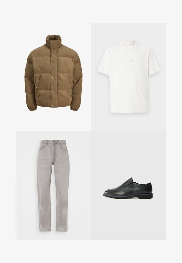 Brown corduroy puffer jacket with high collar, snap buttons, elastic cuffs, and side pockets, displayed on a white background.; White cotton t-shirt with a crew neck, short sleeves, and a small printed logo on the front. Smooth texture and relaxed fit.; Gray denim jeans with a straight leg design, featuring five pockets, a button and zipper closure, and subtle fading details throughout.; Black leather slip-on shoe with a smooth upper, stitched accents, rounded toe, and a low rubber heel. Sole features minimal tread.