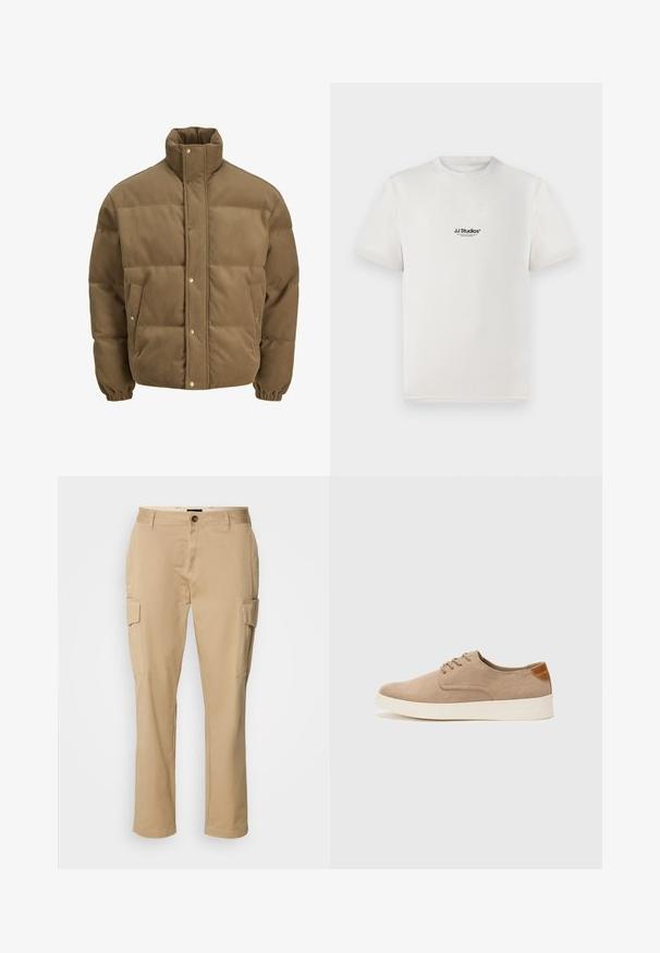 Barna kordbársony pufikabát magas gallérral, patentgombokkal, rugalmas mandzsettákkal és oldalsó zsebekkel, fehér háttéren bemutatva.; Fehér pamut póló rövid ujjakkal, a mellkasán fekete "JJ Studios" logóval. Kerek nyakú és standard fit kialakítás.; Beige színű pamut cargo nadrág. Két oldalsó zseb, gombos záródás és egyenes lábú fazon jellemzi. Simító textúrával, kies stílusban.; Beige velúr sportcipő, kerek orral, fűzős elülső résszel és textúrált hátsó részlettel. Fehér gumitalp kontrasztot ad. Egyszerű és modern design.
