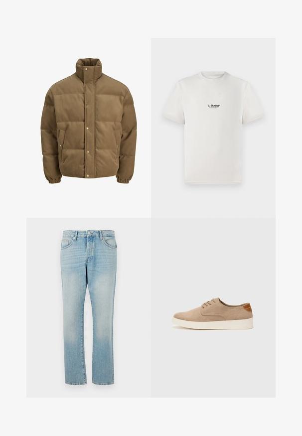 Rudos spalvos švarkas su raišteliu, turintis aukštą apykaklę, užsegamus mygtukais, elastines rankoves ir šonines kišenes, eksponuojamas ant balto fono.; Balta medvilnė marškinėliai su trumpomis rankovėmis, kuriuose yra juodas "JJ Studios" logotipas krūtinėje. Apvalus kaklas ir standartinės fasono dizainas.; Šviesiai mėlynos džinsinės kelnės su tiesia kojų kirpimo forma, turinčios penkių kišenių išdėstymą ir mygtuką juosmens srityje. Lygi tekstūra.; Bežiniai zomšiniai sportbačiai su apvaliomis pirštų dalimis, raišteliais priekyje ir tekstūruotu užkulniu. Balta guma suteikia kontrastą. Paprastas ir modernus dizainas.