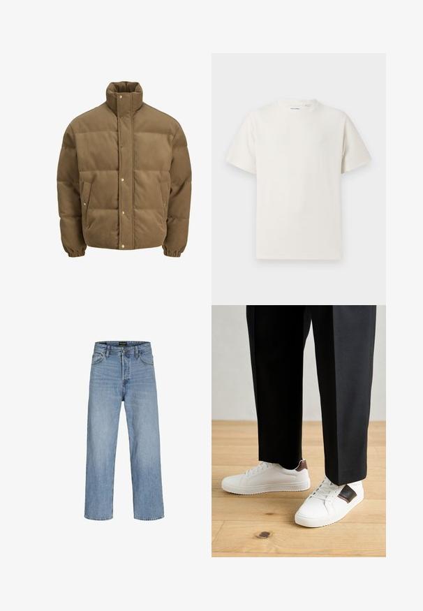 Casaco puffer de veludo cotelê castanho com colarinho alto, botões de pressão, punhos elásticos e bolsos laterais, exibido sobre um fundo branco.; T-shirt branco de manga curta em textura canelada. Gola redonda, ajuste descontraído, sem padrões ou detalhes visíveis. Design simples e versátil.; Jeans de denim azul claro com cintura alta, design de perna reta, cinco bolsos e fecho por botão. Lavagem clássica com mínimo desgaste.; Ténis brancos com textura suave, apresentando elementos em pele castanha e detalhes em preto, combinados com calças pretas ajustadas. Fundo de chão de madeira.