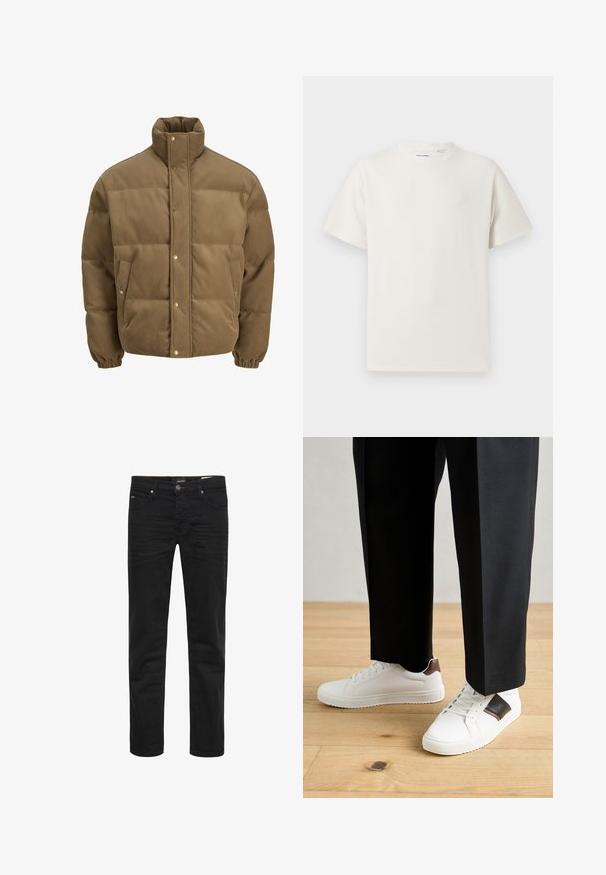 Pruunist kootud puffer-jope kõrge kraega, nööbid, elastsed mansetid ja küljetaskud, esitatud valgel taustal.; Valge lühikeste varrukatega T-särk ribakudumises. Ümar kaelus, mugav lõige, nähtavad mustrid ega aksessuaarid puuduvad. Lihtne ja mitmekesine disain.; Mustad denim teksad slim-lõikega. Omadusteks on viis taskut, nööpkinnitus ja peened õmblusdetailid. Üldiselt sile tekstuur.; Valged sneakersid siledat tekstuurist, millel on pruunad nahast detailid ja mustad aksessuaarid, millele on sobitatud mustad kohandatud püksid. Puitpõranda taust.