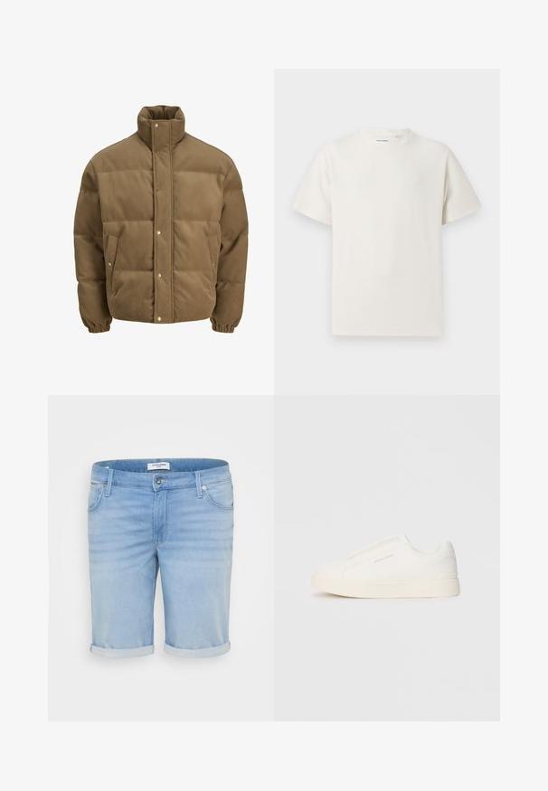 Brown corduroy puffer jacket with high collar, snap buttons, elastic cuffs, and side pockets, displayed on a white background.; White short-sleeve T-shirt in a ribbed texture. Round neckline, relaxed fit, no visible patterns or accents. Simple and versatile design.; Light blue denim shorts with a slightly faded finish, rolled cuffs, five-pocket design, and a metal button closure.; White slip-on sneakers with a textured surface, a thick sole, and minimalistic design. Features brand logo on the side.