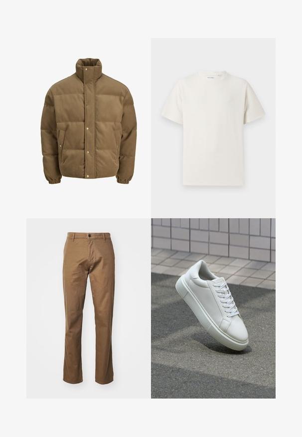 Brown corduroy puffer jacket with high collar, snap buttons, elastic cuffs, and side pockets, displayed on a white background.; White short-sleeve T-shirt in a ribbed texture. Round neckline, relaxed fit, no visible patterns or accents. Simple and versatile design.; DOCKERS ORIGINAL SLIM - Chinos - cub; White leather sneaker with a smooth surface, round toe, and flat white laces. Features a textured rubber sole and minimal design elements.