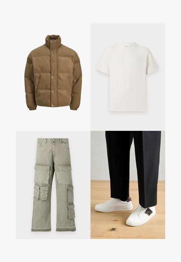 Brązowa puchowa kurtka z korduroy z wysokim kołnierzem, zatrzaskami, elastycznymi mankietami i bocznymi kieszeniami, wystawiona na białym tle.; Biała krótka koszulka z krótkim rękawem o żebrowanej fakturze. Okrągły dekolt, luźny krój, brak widocznych wzorów lub akcentów. Prosty i uniwersalny design.; Spodnie cargo w jasnym oliwkowym kolorze, z wieloma dużymi kieszeniami, szeroką nogawką i surowym wykończeniem. Wykonane z trwałego materiału.; Białe trampki o gładkiej fakturze, z brązowymi skórzanymi akcentami i czarnymi detalami, zestawione z czarnymi eleganckimi spodniami. Tło stanowi drewniana podłoga.