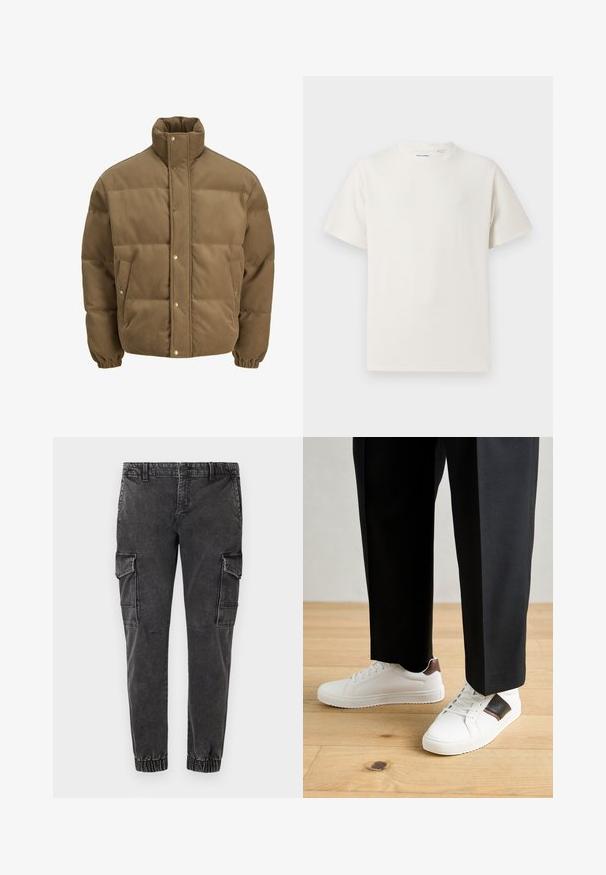 Rudos spalvos švarkas su raišteliu, turintis aukštą apykaklę, užsegamus mygtukais, elastines rankoves ir šonines kišenes, eksponuojamas ant balto fono.; Balta trumpa rankovė T-polo marškinėlių su juostelėmis tekstūra. Apvalus iškirpimas, laisvas fasonas, jokių matomų raštų ar akcentų. Paprastas ir universalus dizainas.; Juodos cargo kelnės su elastiniais rankogaliais, turinčios dideles šonines kišenes, laisvą kirpimą ir šiek tiek nusidėvėjusią, tekstūruotą džinsinę medžiagą.; Balti sportbačiai su glotnia danga, puošti rudais odiniais akcentais ir juodais detalėmis, derinami su juodais pritaikytais kelnėmis. Medinių grindų fonas.