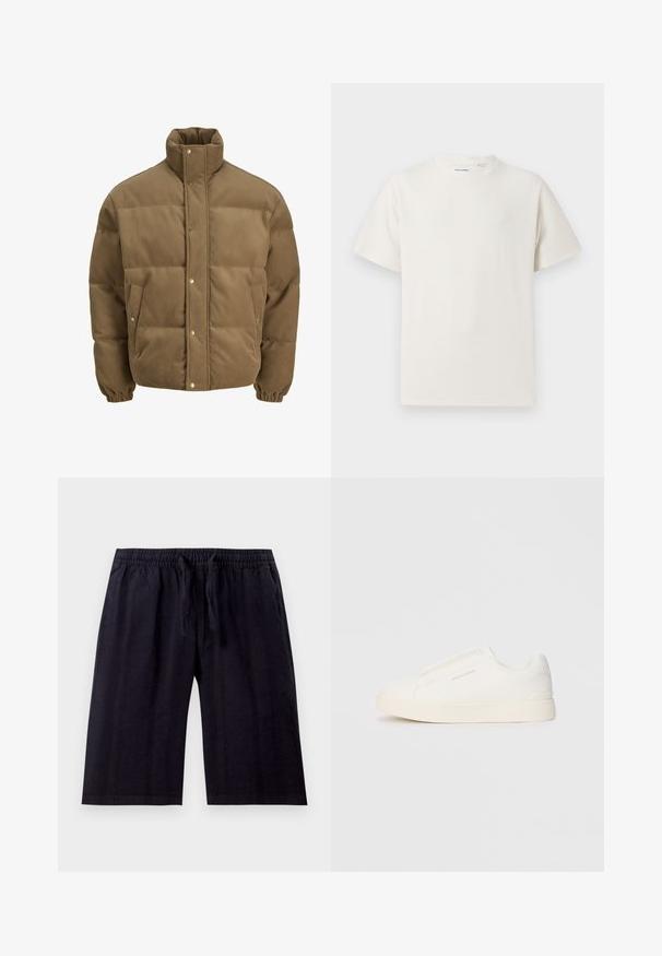 Veste matelassée en corduroy marron avec col haut, boutons pression, poignets élastiques et poches latérales, présentée sur un fond blanc.; T-shirt blanc à manches courtes en texture côtelée. Encolure ronde, coupe décontractée, sans motifs ni accents visibles. Design simple et polyvalent.; Shorts noirs, longueur genoux, fabriqués en tissu léger. Dotés d'une taille élastique avec cordon de serrage et d'une texture lisse. Design simple.; Baskets blanches sans lacets avec une surface texturée, une semelle épaisse et un design minimaliste. Présente le logo de la marque sur le côté.